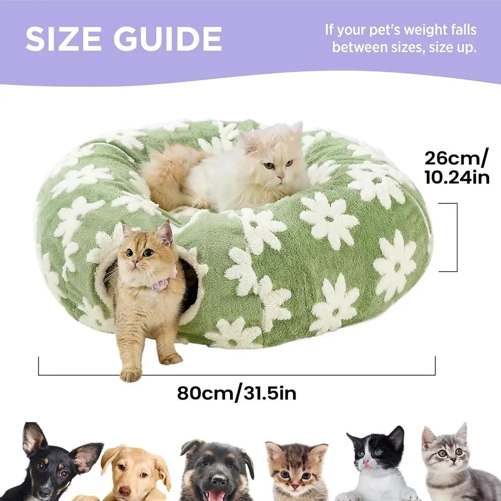 Cat Bed Tunnel Washable Soft Plush Cave With Ball Flower Design Interactive Cat Donut Tunnel For Crawling Scratching Teething