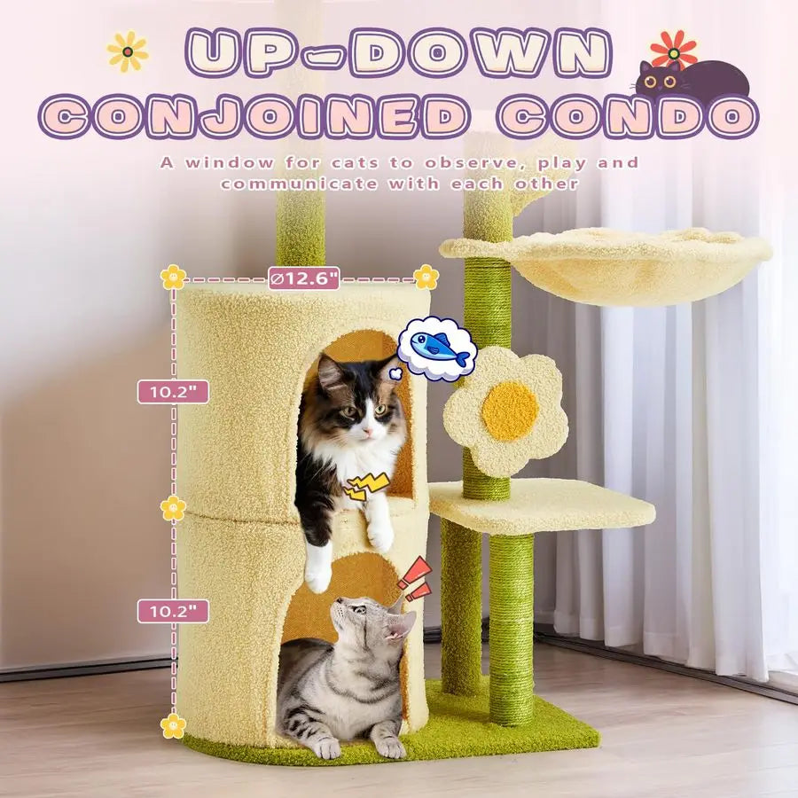 Flower Cat Tree, 38.2 Inches Cat Tower, MultiLevel Indoor Kitty Tree Tower, Kitty House with Cozy Top Flower Platform, Spacious
