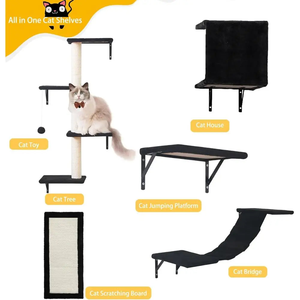 5-Piece Wall-Mounted Cat Furniture Set: Wooden Climbing House, Bridge, Tree, Steps, Scratcher in Black