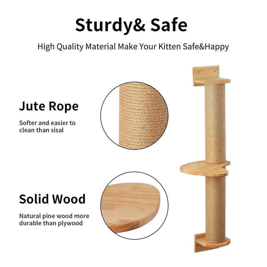Cat Activity Tree with Scratching Posts, Wall Mounted Jute Scratcher Pine Hammock