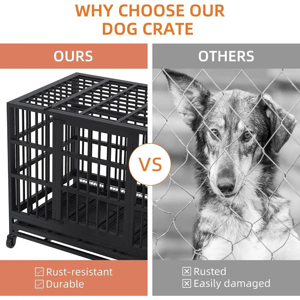 48 Heavy-Duty Dog Crate, Unbreakable & Secure Cage with Lockable Wheels, Double-Door Anxiety-Relief, Removable Tray, Black
