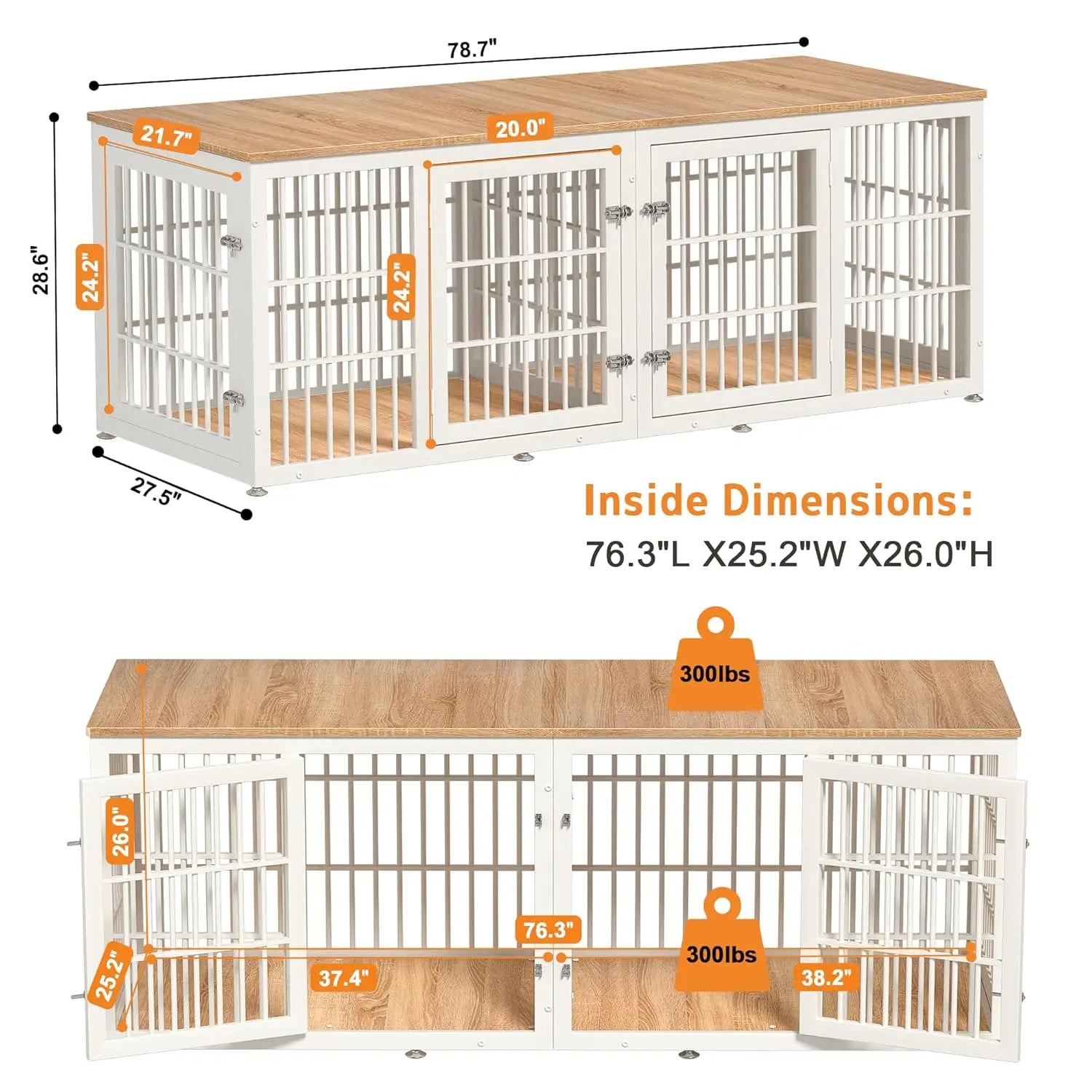 78 Inch Double Dog Crate Furniture, Heavy Duty Extra Large Cage Furniture with Divider for 2 Dogs, Decorative, Customized