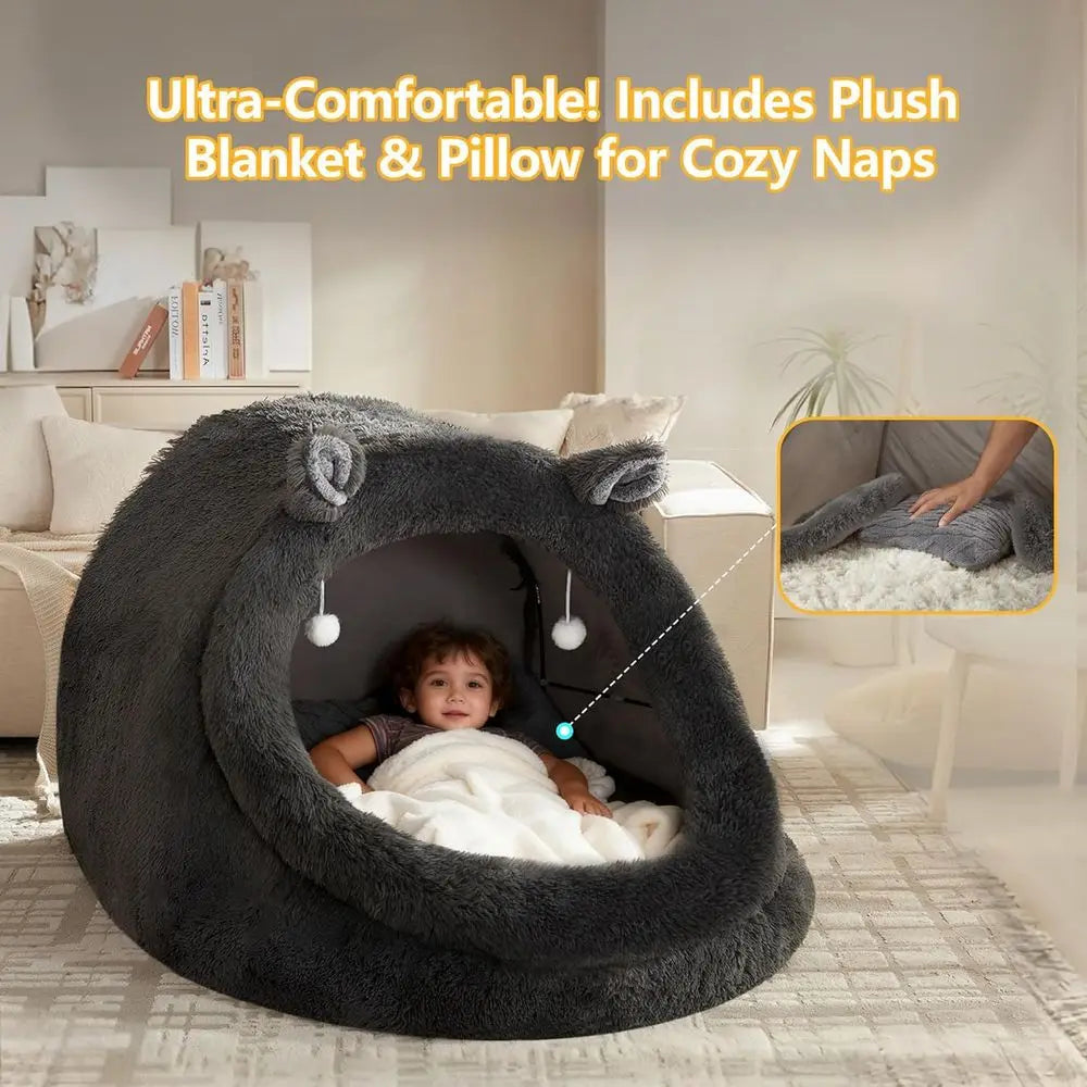 Extra Large 55x43x35 Gray Fluffy Canopy Pet Bed for Dogs, Cats & Humans, Removable Pillow & Blanket, Machine Washable, Cute Bunn