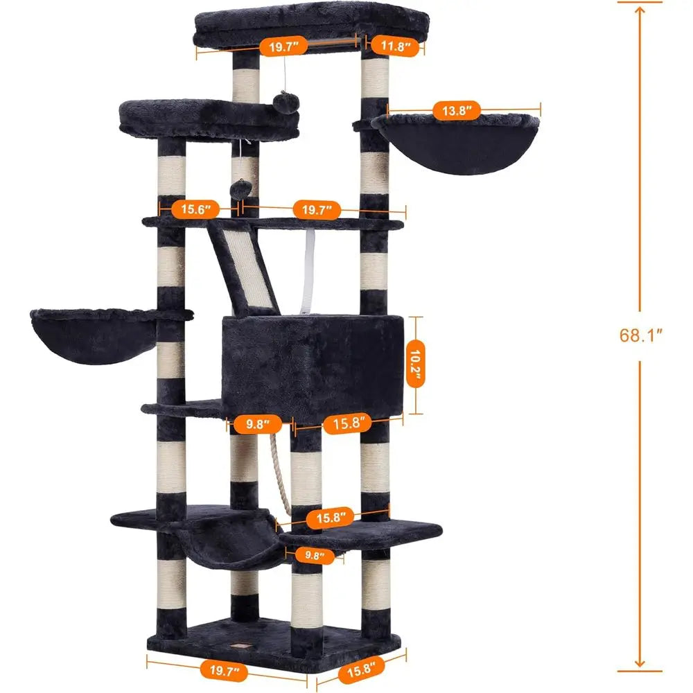 68 Multi-Level Indoor Cat Tower with 2 Plush Perches, Scratching Board, and Caves in Smoky Gray