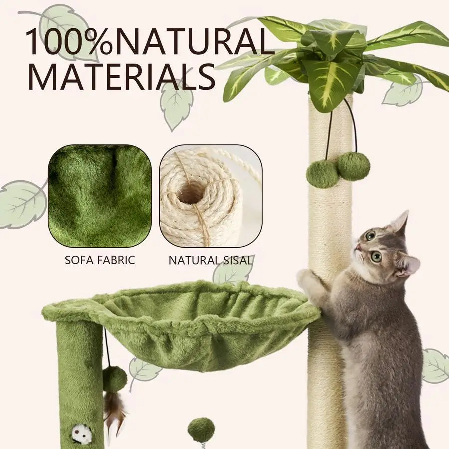 Cat Tree for Indoor Cats 35 Tall Cat Scratching Post with Large Cat Hammcok and Hanging Ball Toys Plant Green