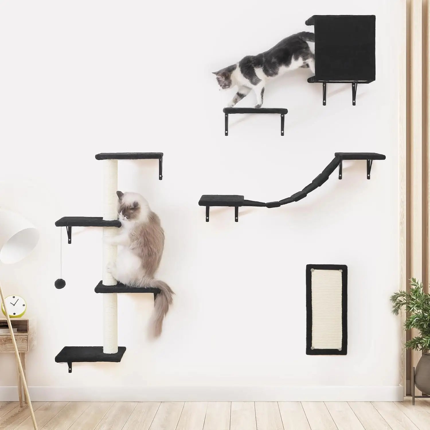 Wall-Mounted Cat Furniture Set - 5pcs Shelves with House, Bridge, Tree, Steps & Scratcher in Black