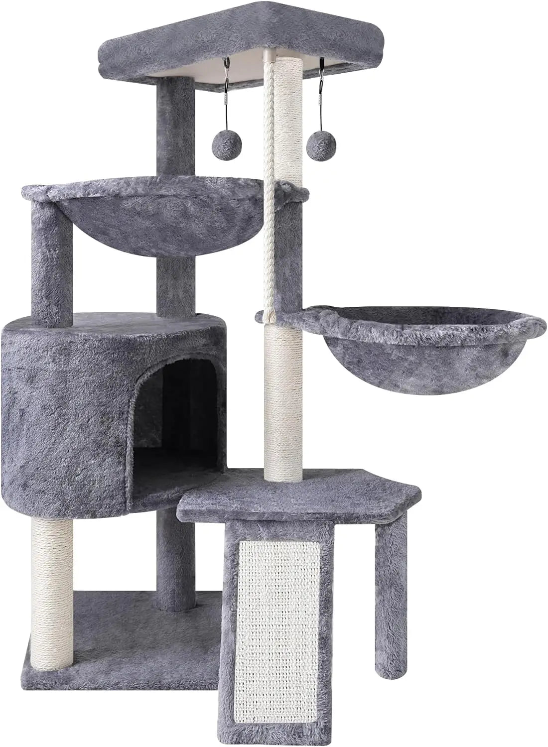 Elevated Three-Tier Cat Tree with Cozy Condo and Twin Hanging Hammocks in Soft Grey for Indoor Cats