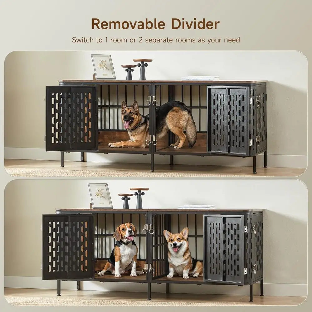 Heavy-Duty Double Dog Crate with Divider, Suitable for Medium to Large Dogs, Ideal as Indoor TV Stand, Brown