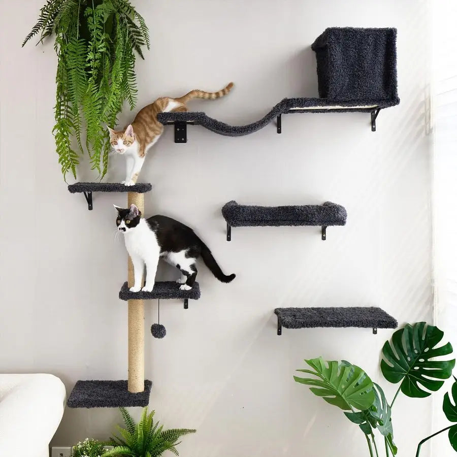 Cat Wall Shelves, Stable amp Safe 4 in 1 Cat Furniture Set, Wooden Climbing Wall with Scratching Post for 16 Inch Drywall Gray