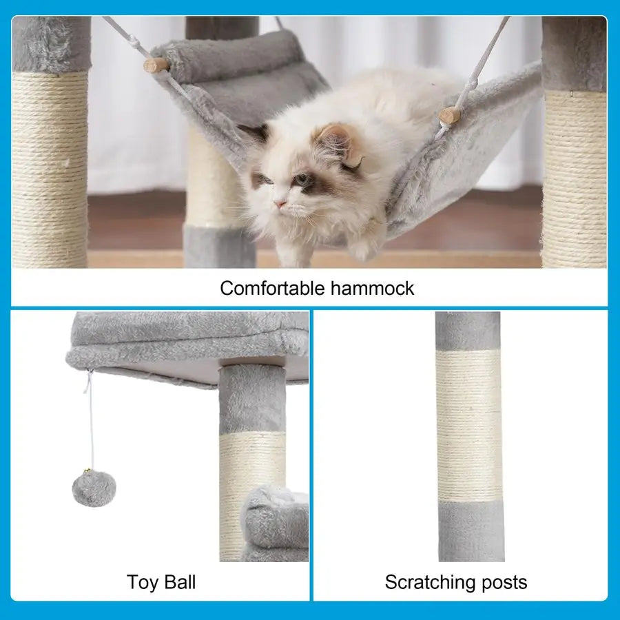 Large MultiLevel Cat Tree Condo Furniture with SisalCovered Scratching Posts, 2 Bigger Plush Condos, Perch Hammock for Kittens,
