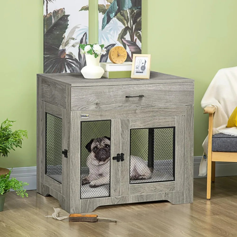 Dog Crate Furniture with Soft Water-Resistant Cushion, Dog Kennel End Table with Drawer, Puppy Crate for Small Dogs Indoor with