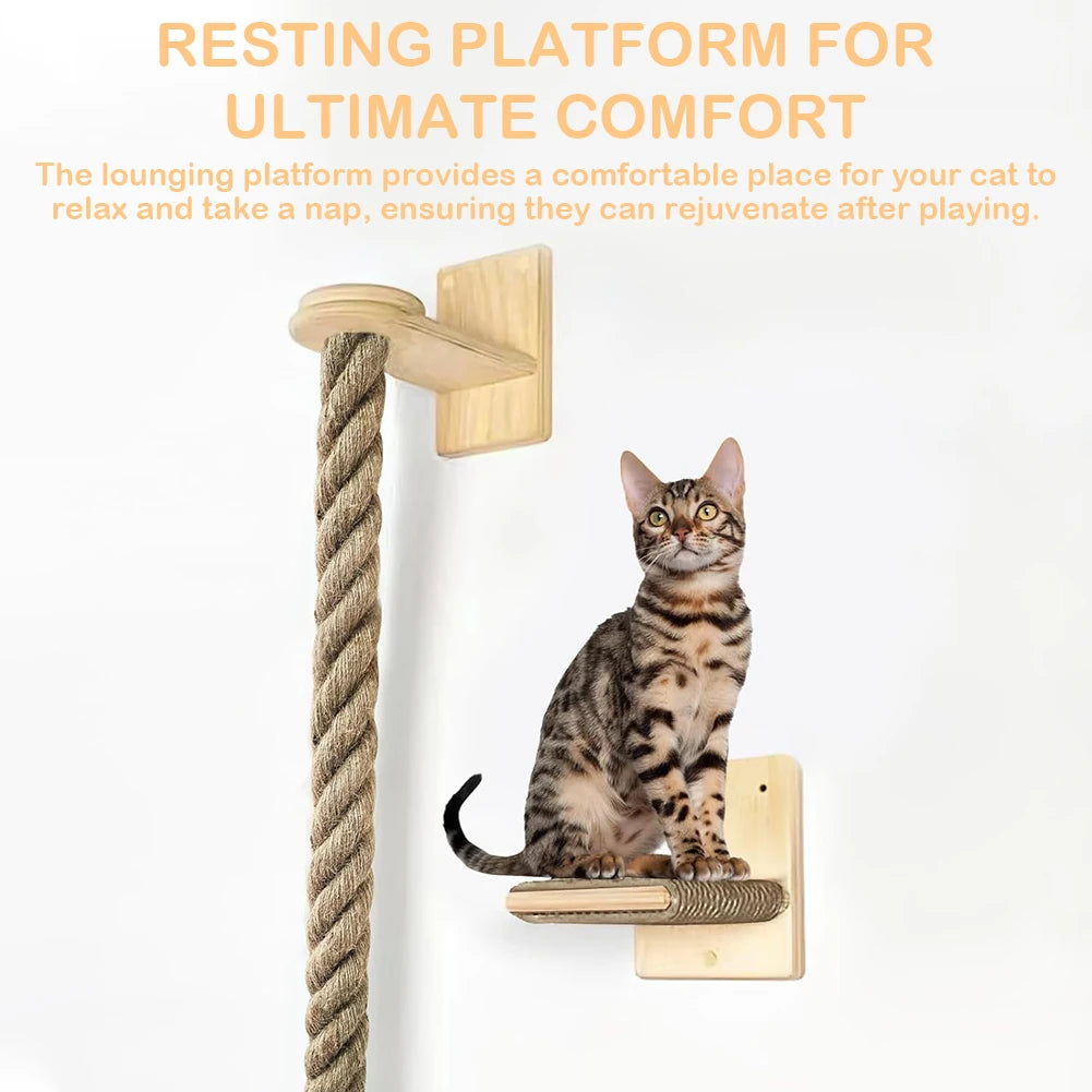 Cat Climbing Rope with Wood Platform Thickened Sisal Rope Reusable Claw Grinding Tool for Cat Furniture Scratcher Play Equipment