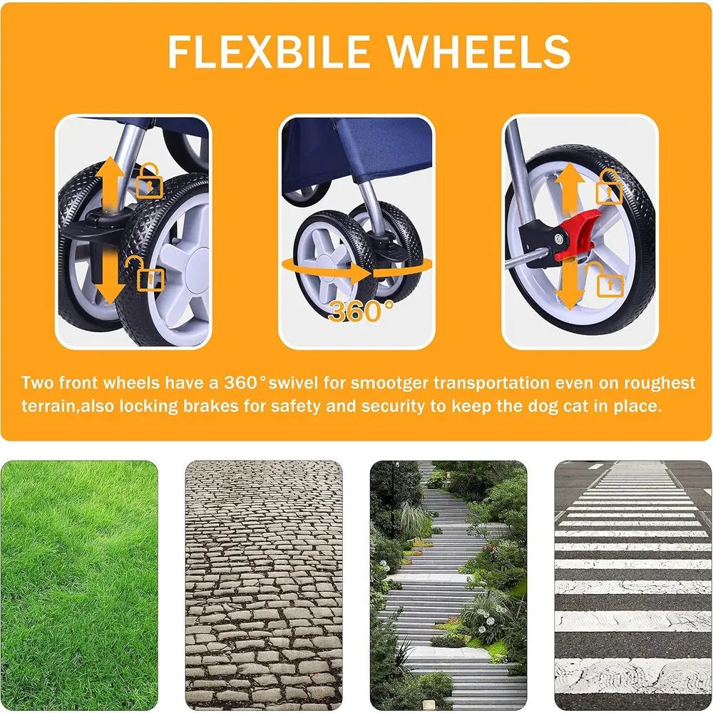 4-Wheel Multifunction Dog Cat Stroller, Portable Travel Stroller with Detachable Carrier, Suitable for Small Dogs and Cats, Blue