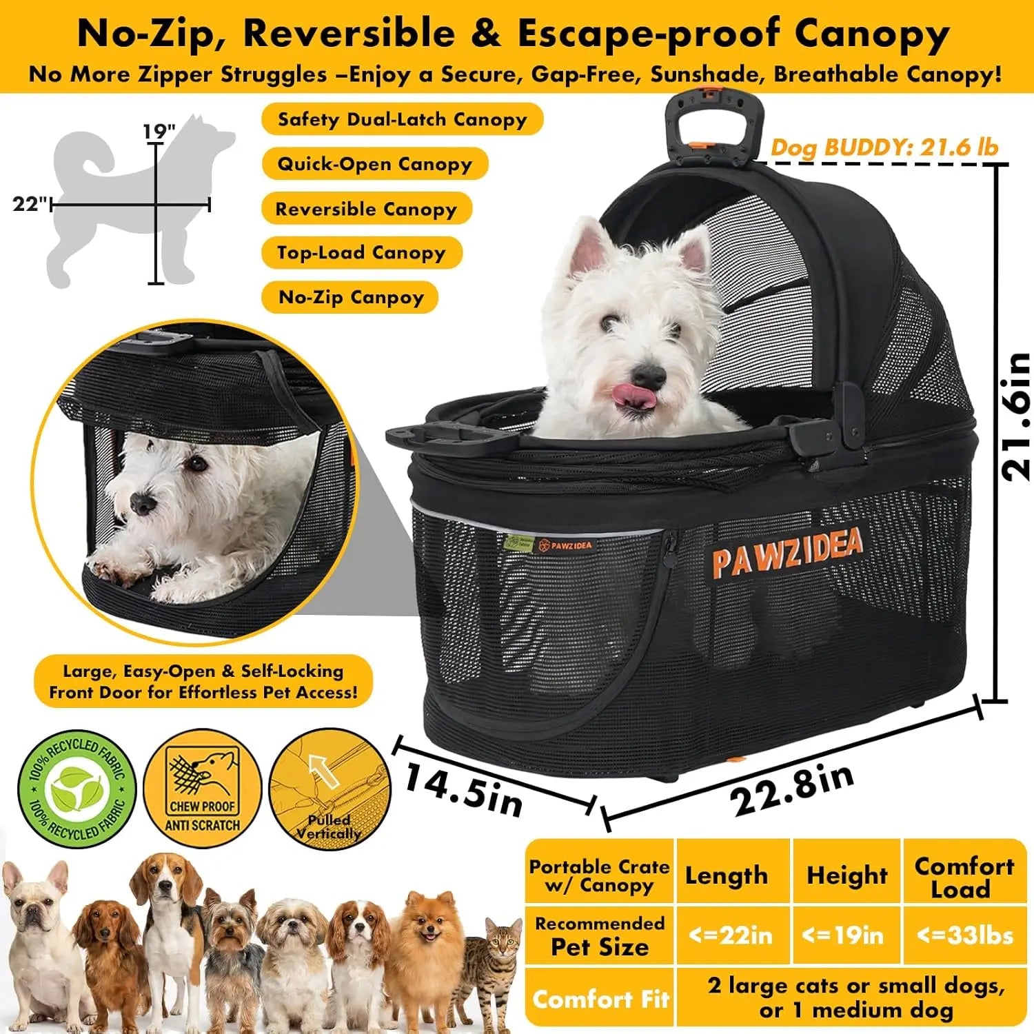 Foldable Pet Stroller 4-in-1 with Detachable Carrier for Small Dogs & Cats, Escape-Proof Canopy, Lightweight Travel Crate