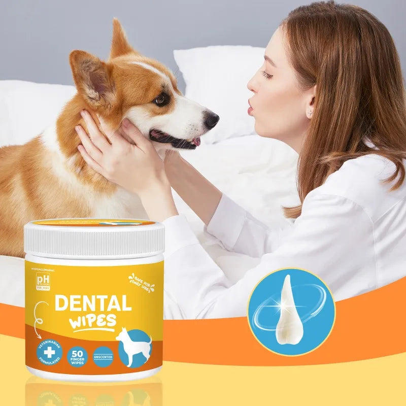 50pcs Pet Dental Finger Wipes Teeth Cleaning Freshen Breath Remove Plaque Tartar for Dogs Cats Oral Care Wipes