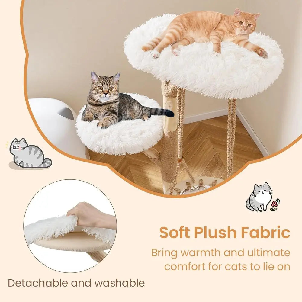 Tangkula Solid Wood Cat Tree, 48.5” Natural Branch Modern Cat Tower with Luxury Hanging Cradle, Jute Scratching Post, Top Perch,