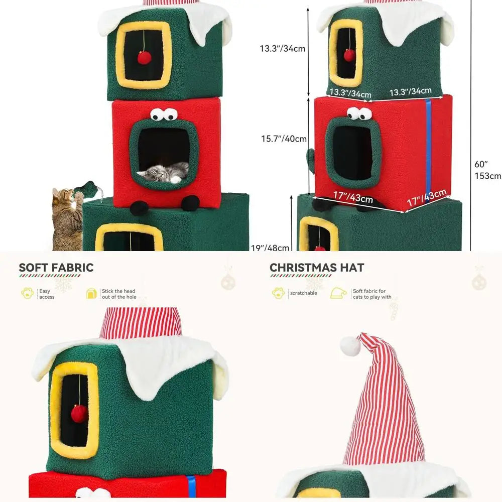60" Christmas-Themed Cat Tower with 3 Semi-Enclosed Cat Houses, Indoor Cat Tree with Cat Condos, Cute Cat Tree with Plush Ball,