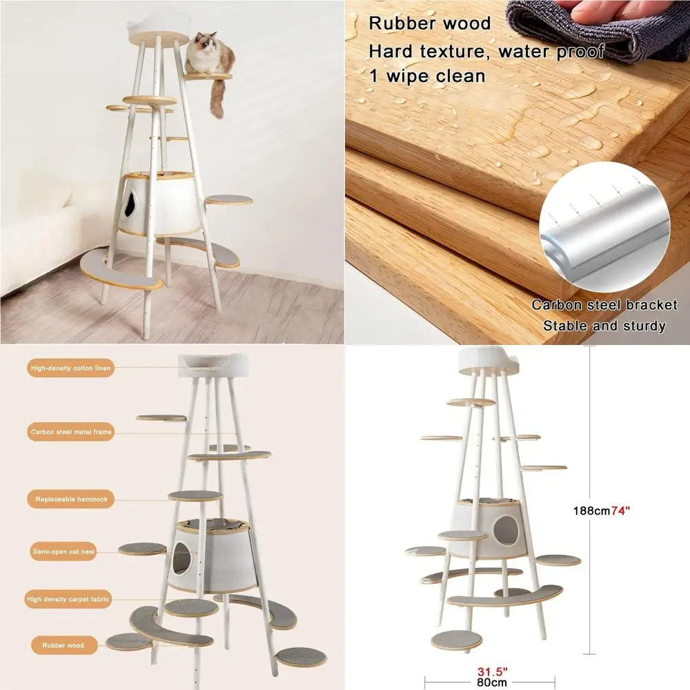 Adjustable Height Carbon Steel Cat Tree with Multi-Layered Rubberwood Platforms for Multiple Cats, Ideal Jumping and Hammock Are