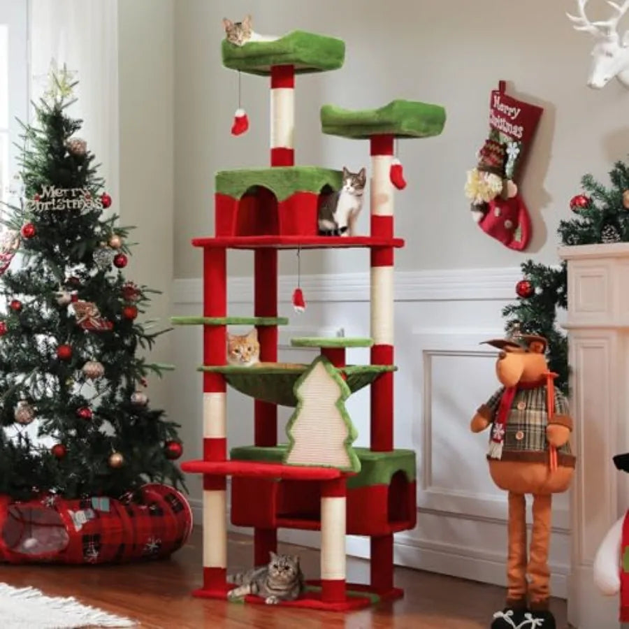 72-Inch Tall Christmas-Themed Cat Tree with 2 Perches 2 Cozy Condos Spacious Hammock Xmas Tree Design Scratcher and 7 Durable S