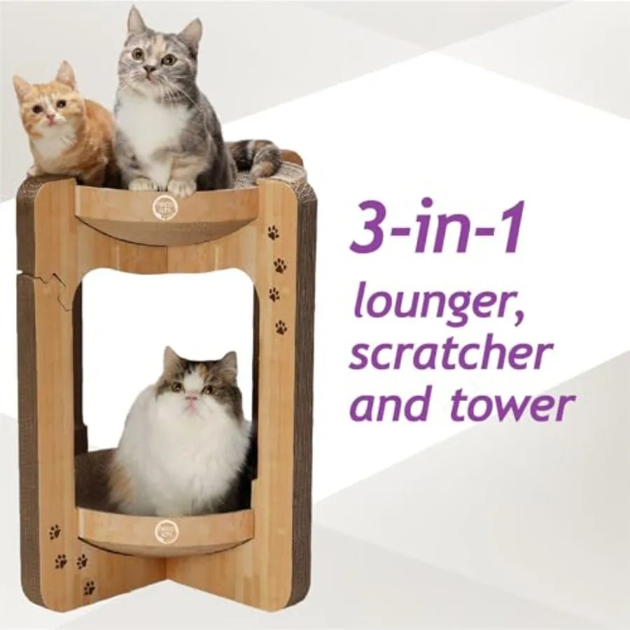 Cat Scratcher Tower for Indoor Cats - Reversible Cat Scratching Post Lounger with Extra Comfort Cardboard Bed Couch in Oak XL