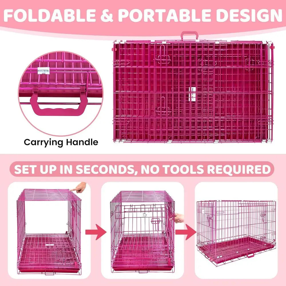 Large 42 Inch Collapsible Dog Crate for Big Dogs, Cute XL Kennel with Removable Floor Tray, Double Locks, Portable Handle