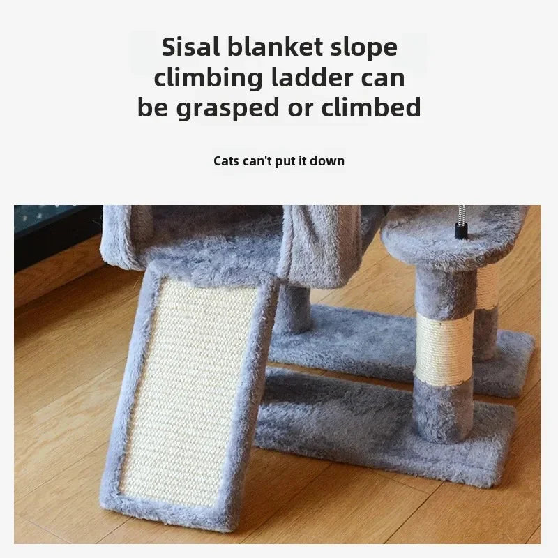 Compact Cat Tree Tower with Padded Perch Cat Cave & 3 Pompoms Small Cat Activity Center for Play Rest Stylish Smoky Gray