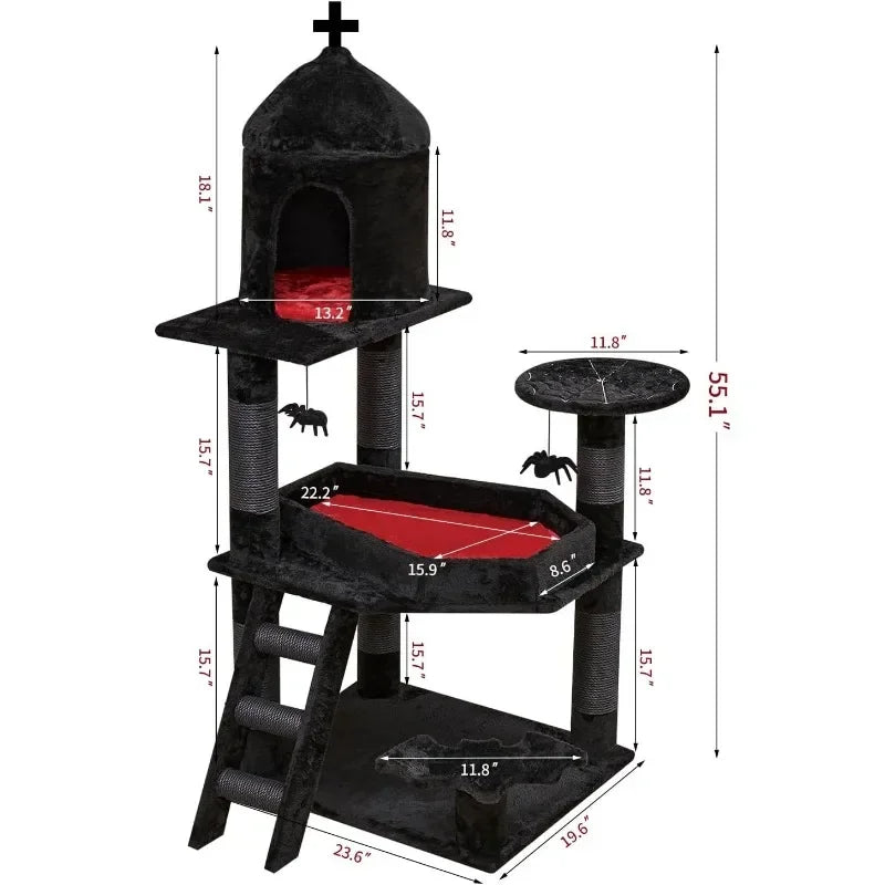 tt Cat Tree with Coffin Bed，55" Cat Tower with Spacious Cat ，Scratching Posts，Spider Hanging Ball