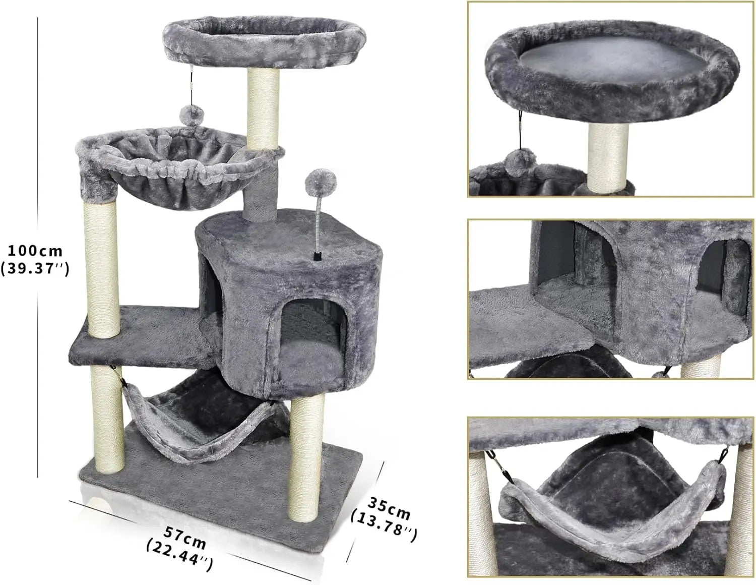 Grey Cat Tree with Multi-Level Condo, Large Hanging Hammock, and Scratch Post for Indoor Cats