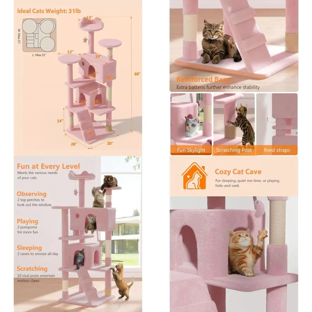 Large Indoor Cat Tree Tower for Adult Cats, 60 Tall, Plush Multi-Level Condo with Scratching Posts and Dangling Toys, Soft Pink