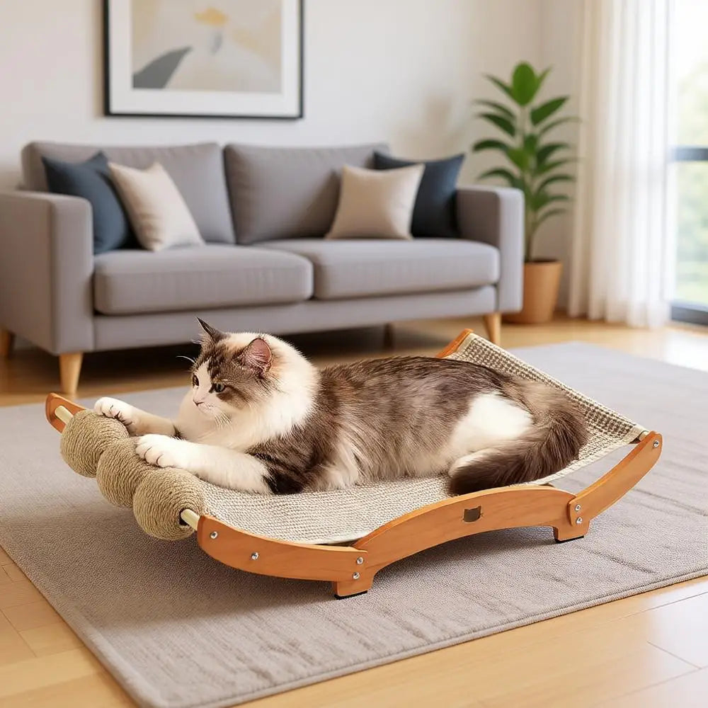 Extra-Larger Sisal Cat Scratcher Bed with Ball, 3-in-1 Scratching Pad, Hammock, Natural Sisal, Solid Wood Post, Cats Lounger & S