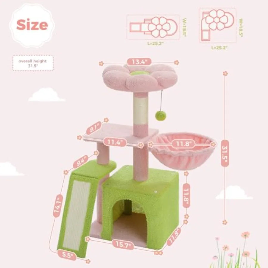 Flower Cat Tree for Indoor Cats 32'' Small Cat Tower Cat Condo with Sisal Scratching Ramp Cozy Hammock and Removable Flower Bed