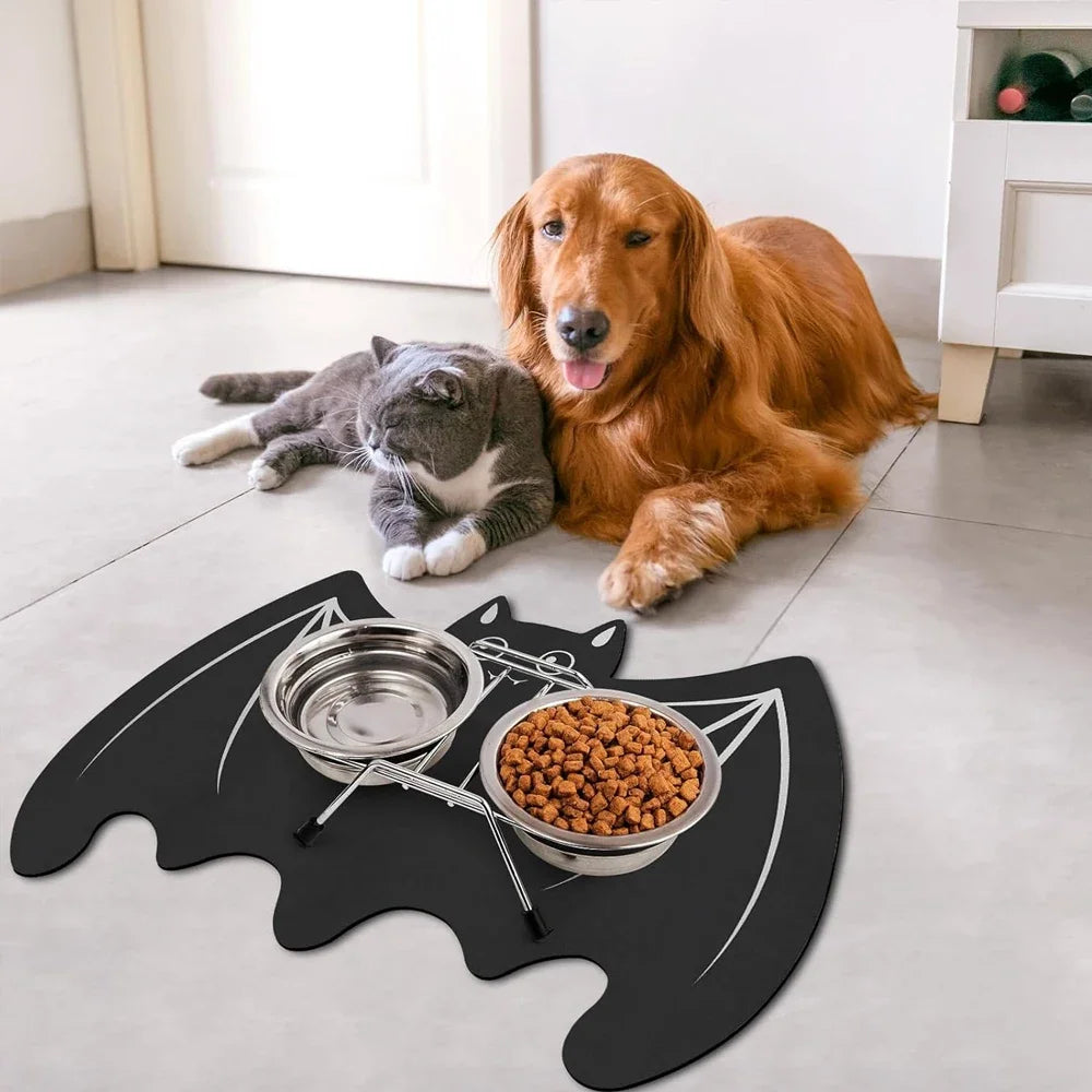 Halloween Spider Web Bat-shape Pet Feeding Mat Non-Slip Spillproof Protector Easy Clean Dining Mat Spooky Home Decor for Cat Dog