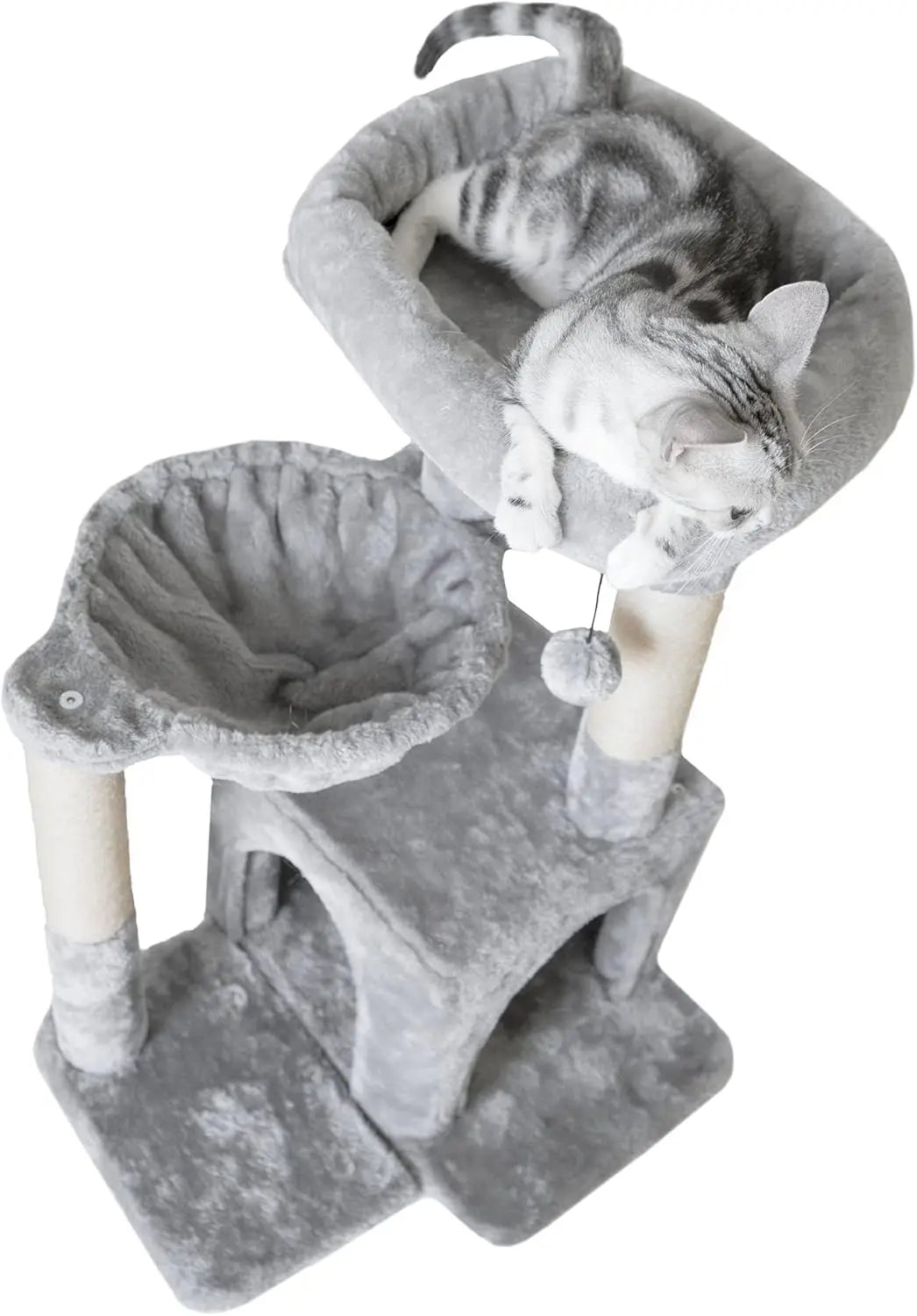 Compact Cat Tree with Sisal Scratching Post and Hanging Hammock in Light Gray Tone for Small Cats