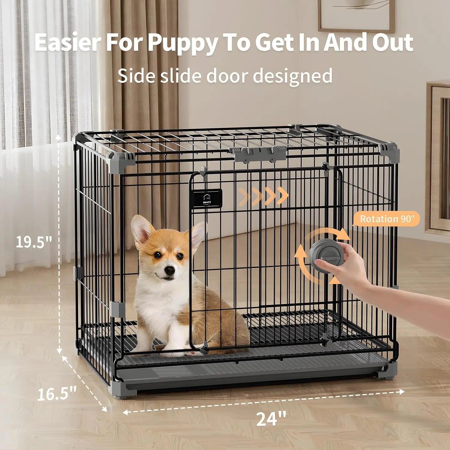 24-Inch Black Metal Dog Crate for Small Pets Under 25lbs, Double Door with Removable Tray