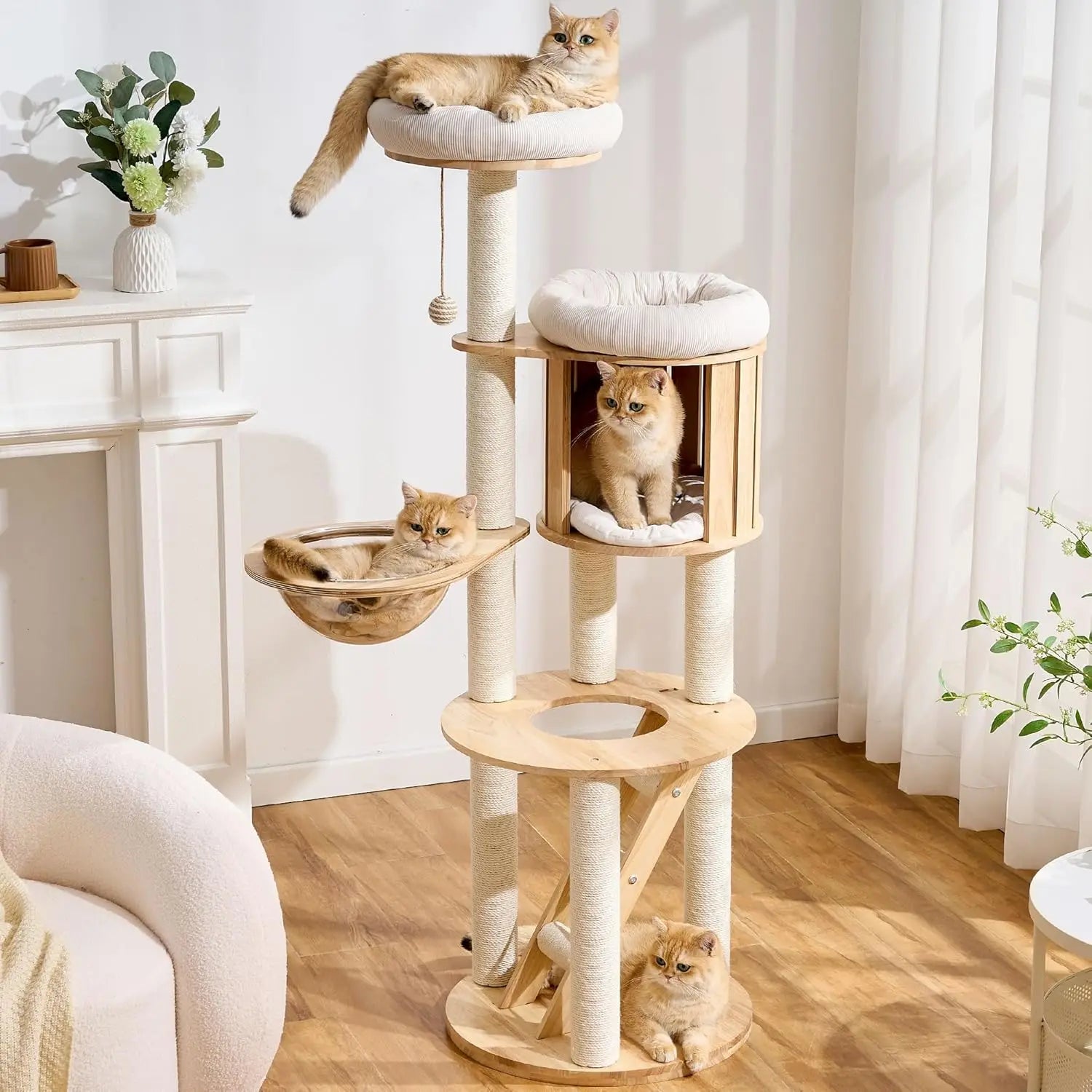 Wood Modern Cat Tree, 61.5" Large Tall Cat Tower with Sisal Scratching Posts, Cat Condo, Capsule and Ladder, Customized