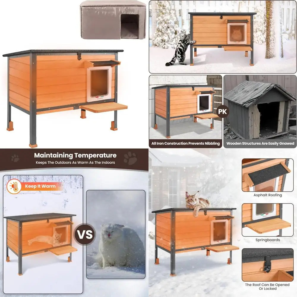 Weatherproof Insulated Outdoor Cat House for Winter, Feral Kitty Shelter with Warm Lining, Metal Frame and Wooden Condo Style