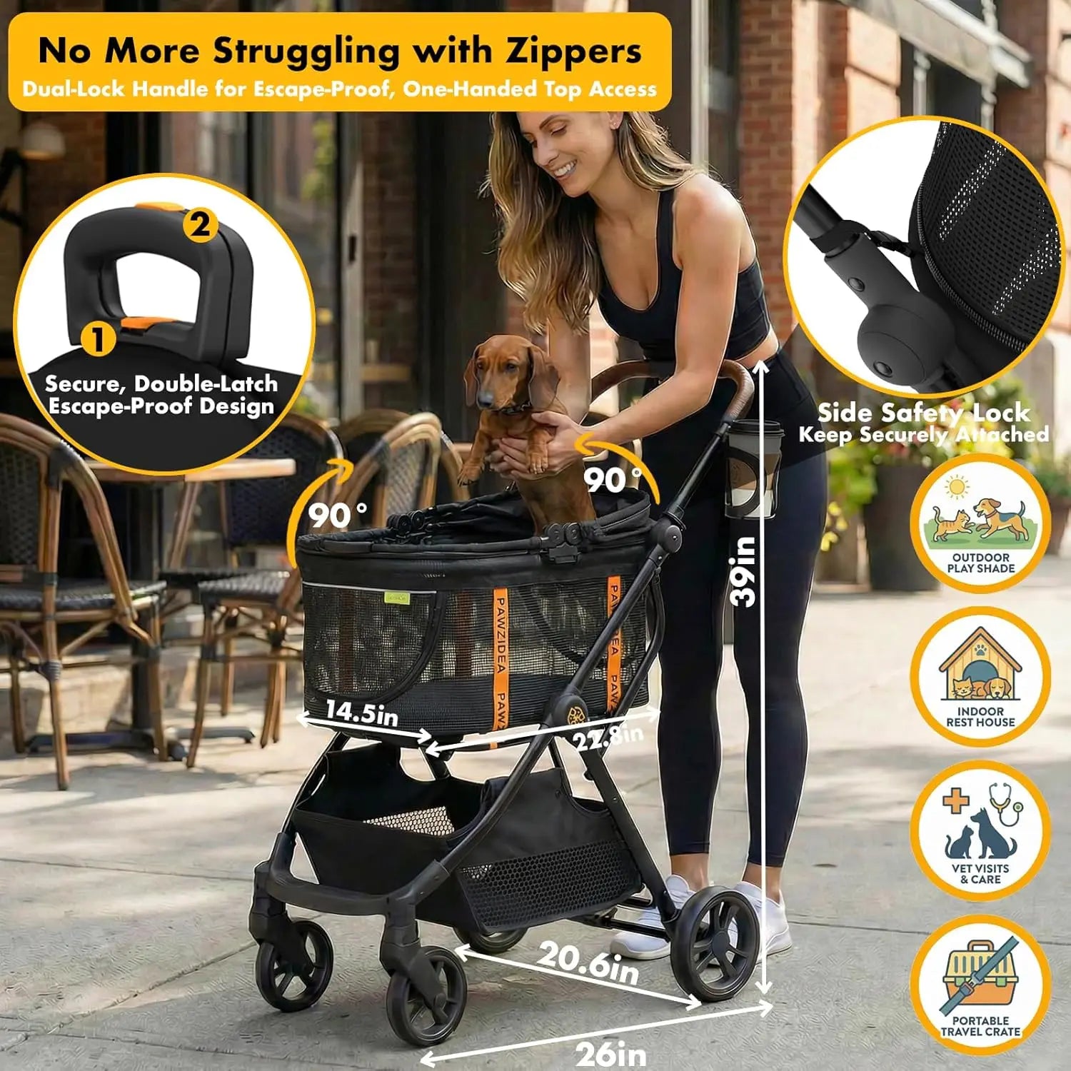 Foldable Pet Stroller 4-in-1 with Detachable Carrier for Small Dogs & Cats, Escape-Proof Canopy, Lightweight Travel Crate