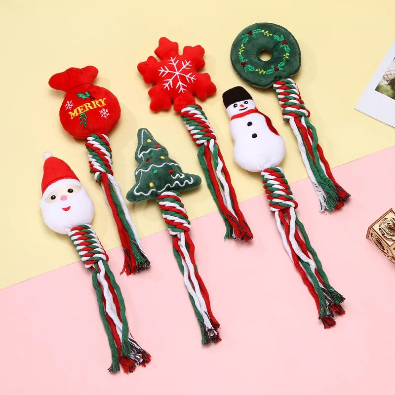 Christmas Plush Dog Toy With Chew Rope Interactive Pet Chew Toys For Dogs And Cats Teeth Cleaning Holiday Themed Pet Supplies