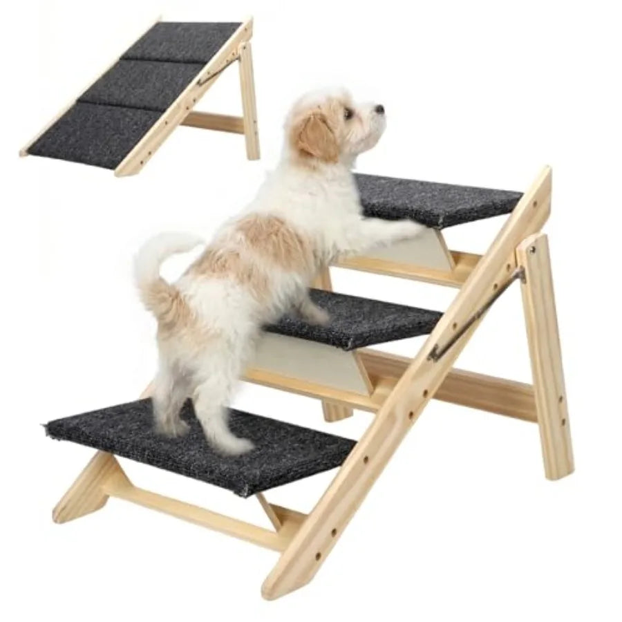 2-in-1 Foldable Wooden Dog Ramp for High Beds and Cars Non-Slip Carpeted Pet Stairs in Brown with High-Weight Capacity Joint-Fr