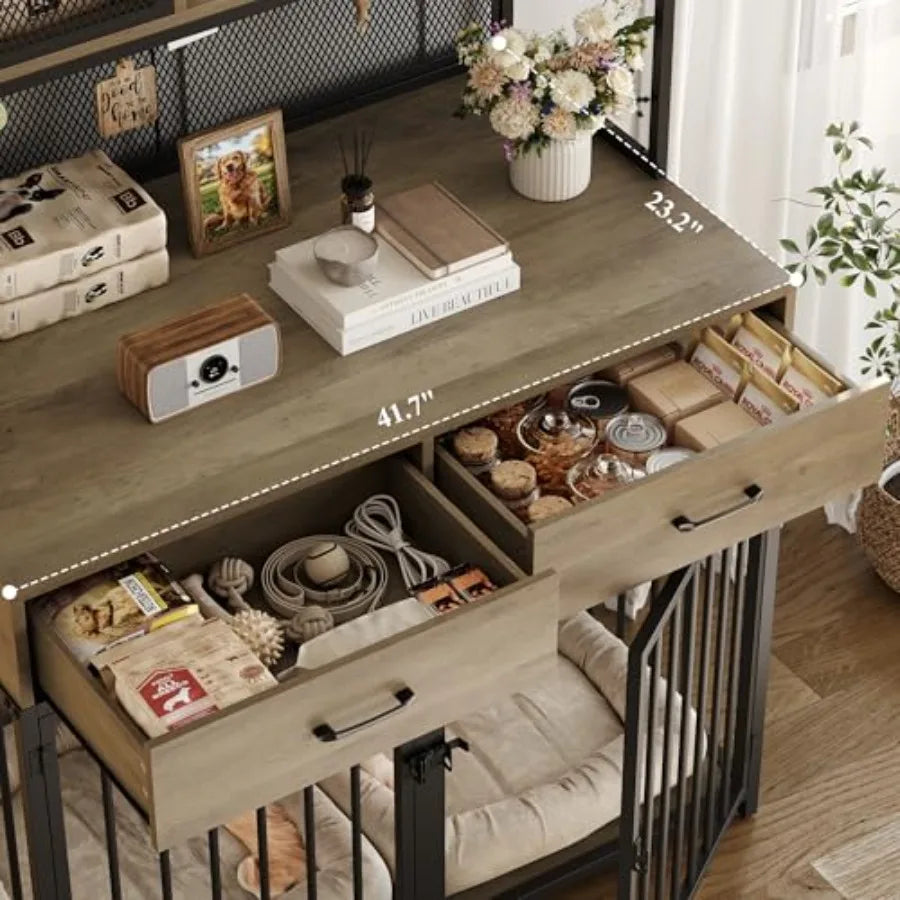 71 Tall Dog Crate Furniture Indoor Dog Kennel with Hutch 42 W Dog Cage for Large/Medium Dogs Wood Dog Crates with 2 Storage Dra