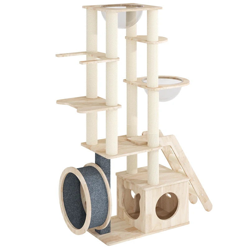 RTS Cat Tree House Solid Wood Cat Climbing Tree Tower Running Wheel Furniture Indoor With Treadmill
