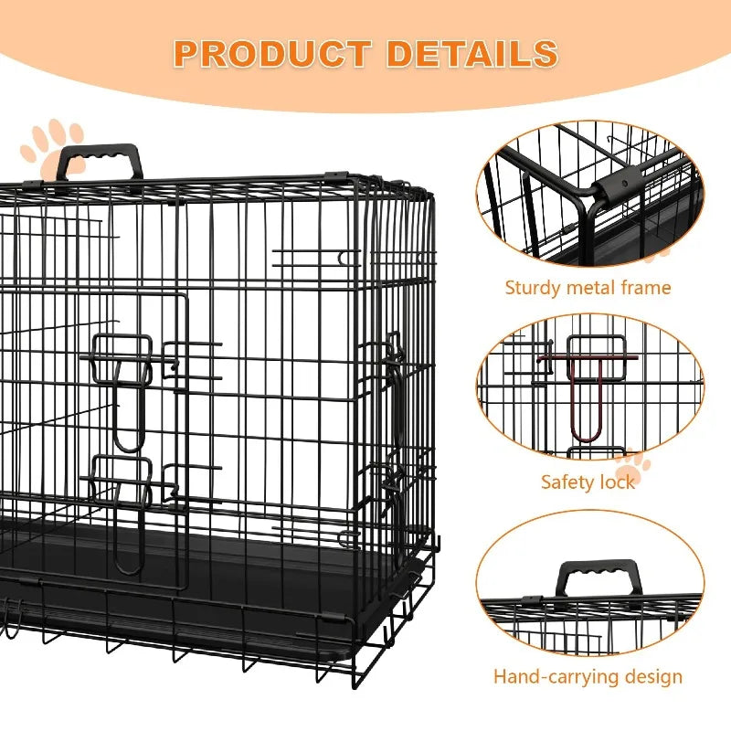 Dog Crate 36 Inch Medium Dog Cage with Divider Leak-Proof Tray Double Door Folding Metal Wire Cage Indoor Outdoor Travel