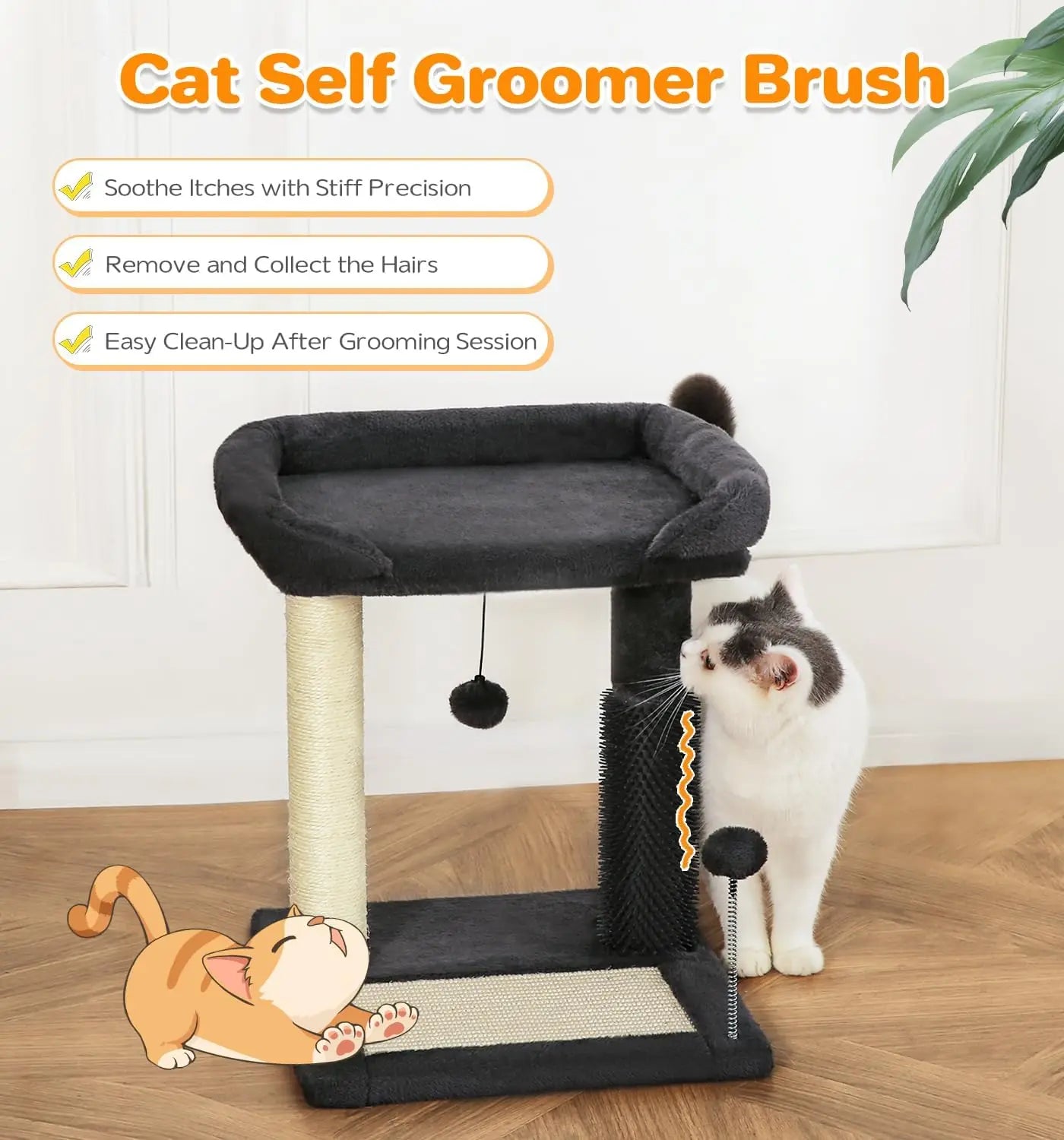 Small Cat Tree Tower with Scratching Post, Groomer Brush, Plush Bed & Dangling Ball for Indoor Kittens, Dark Grey
