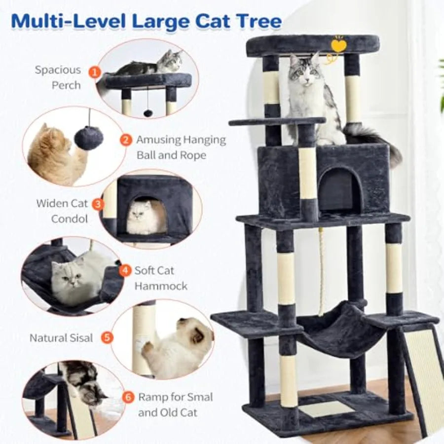 Cat Tree Tower 63in Multi-Level Cat Tower for Indoor Cats with Sisal Scratching Posts Condo Hammock Dangling Ball and Extended