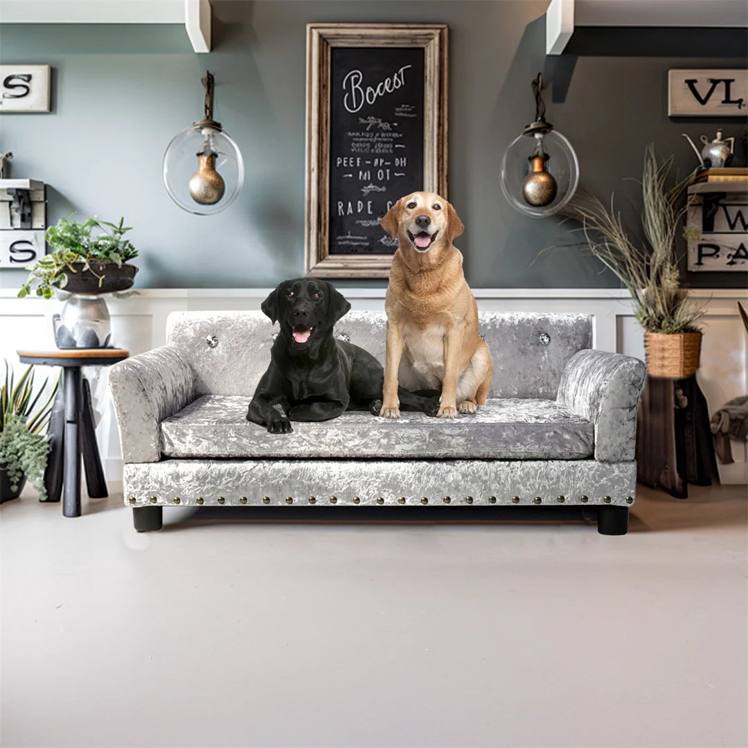 Deluxe Dog Couch Bed Silver Dutch Velvet Upholstered Sofa Bed with Removable Cushion for Medium to Large Dogs