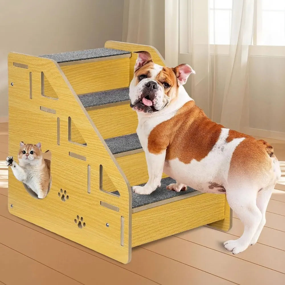 4-Step Wooden Pet Stairs Nonslip Carpeted Cat and Dog Steps Dog Stairs Ramp Pet Furniture for Dogs and Cats for Bed