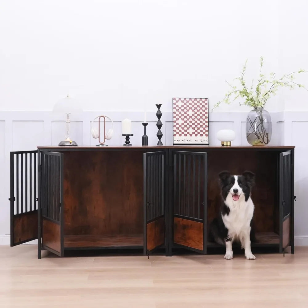 75" Wooden Dog Crate Furniture – Chew-Resistant Kennel for Medium/Large Breeds,with 3.1" Raised Feet, 3-Door Indoor Kennel