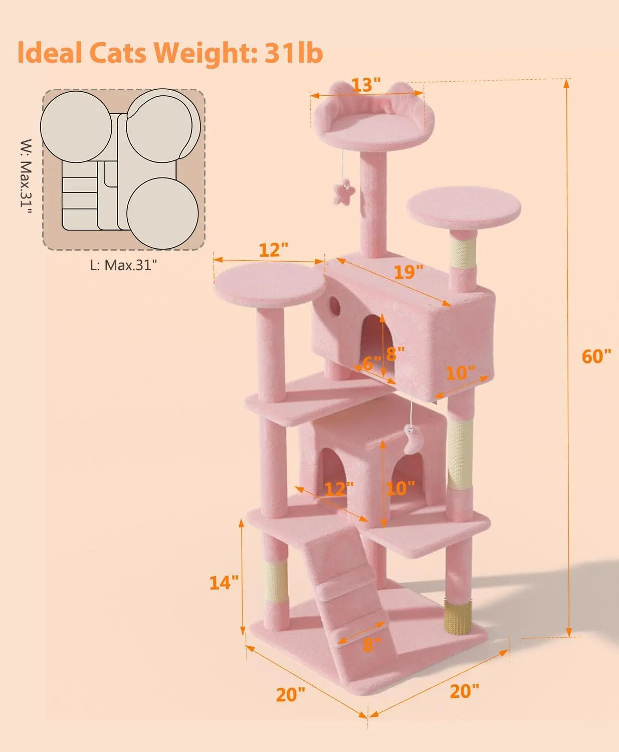 Large Indoor Cat Tree Tower for Adult Cats - Modern Multi-Level Plush Condo, Ideal for Cats Up to 20 lbs, Cute Tall Design
