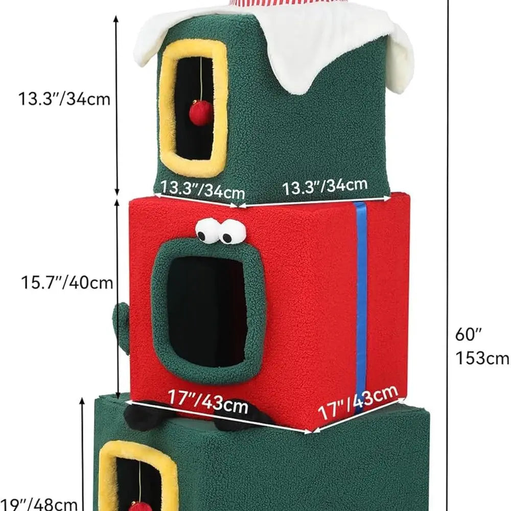 60" Christmas-Themed Cat Tower with 3 Semi-Enclosed Cat Houses, Indoor Cat Tree with Cat Condos, Cute Cat Tree with Plush Ball,