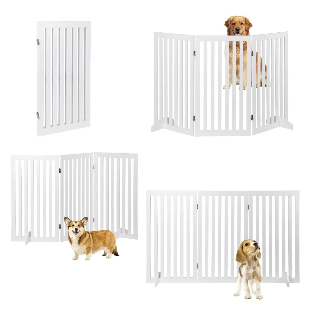 Pet Dog Gate 36" Foldable Fence Indoor 3 Panel Extra Wide Wooden Dog Door White